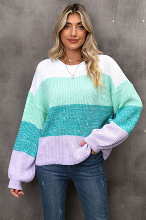 Ombre ribbed knit sweater with balloon sleeves in white, mint, turquoise, and lavender.