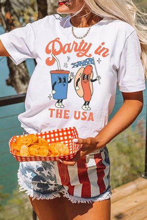 White polyester t-shirt with retro patriotic graphic and pocket detail.