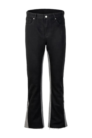 Black bootcut jeans with contrast grey side panels and raw hem
