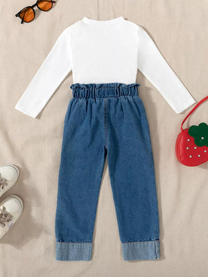 Children's Strawberry Long Sleeve Top And Jeans Set in White, back view