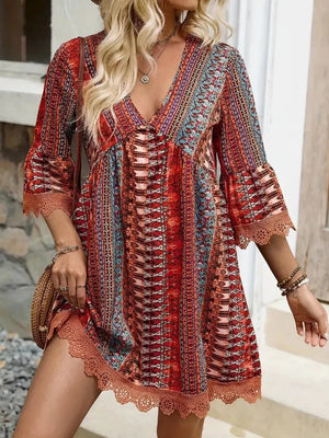 Bohemian printed red v-neck dress with bell sleeves and lace trim