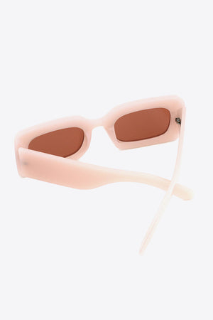 Lavender acetate rectangle sunglasses with brown lenses.