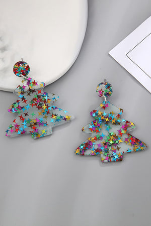 Multi colored star studded acrylic Christmas tree drop earrings