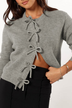 Gray ribbed knit cardigan with tie-front detail and crew neck.