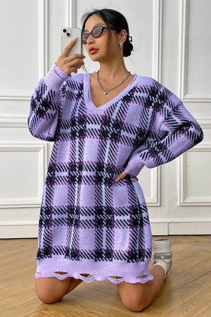 Plaid knit mini dress in light indigo with distressed hem and v-neck.