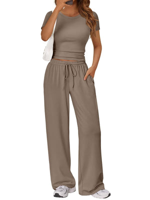 Brown round neck tee and relaxed fit drawstring pants set with pockets.