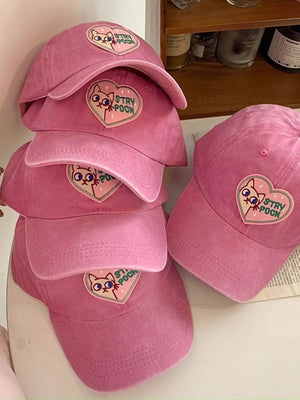 Heart Cat Baseball Cap Blush Pink, close-up detail
