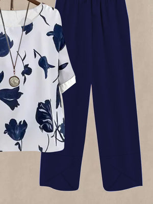 Floral print half sleeve top and navy blue pants set, women's casual outfit