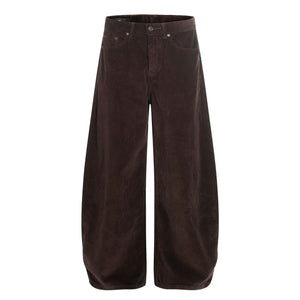 Brown corduroy wide-leg joggers with button fly and adjustable waist.