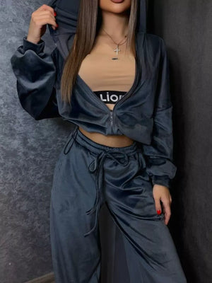Zip Up Cropped Outerwear And Pants Set in Apricot, alternate angle