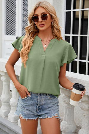 Light Green Flutter Sleeve V-Neck Blouse with a relaxed fit.