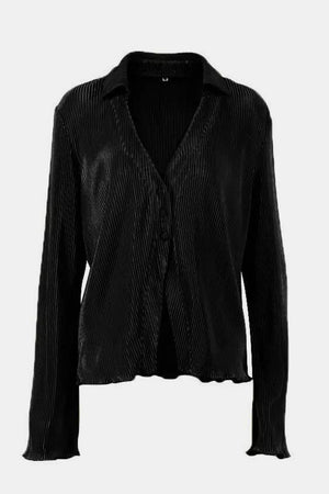 Black pleated long sleeve shirt with a V-neck and button front, featuring a lettuce hem.