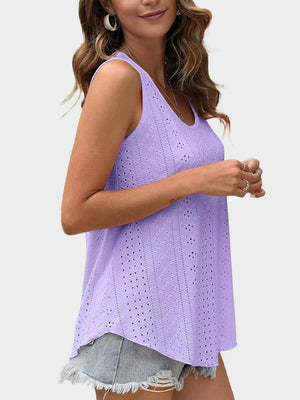 Lavender eyelet scoop-neck trapeze tank top with a breathable, casual fit.
