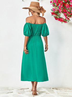 Gathered bodice off-shoulder midi dress in green with puff sleeves and A-line skirt.