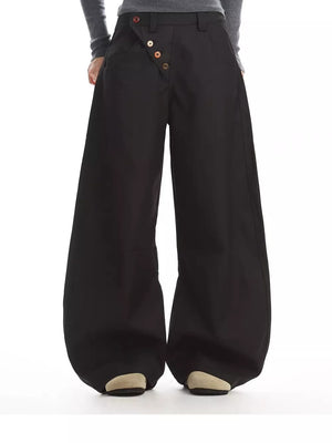 Black relaxed fit button-fly wide-leg chinos with decorative buttons
