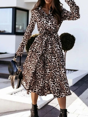 Leopard Print Button-down Midi Dress With Belt in regular leopard print, side view