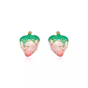 18k gold strawberry charm earrings with pink and green enamel and gold bead details.
