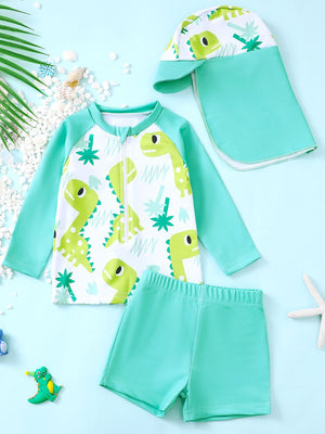 Children's turquoise dinosaur print swimwear set with long sleeves, shorts, and sun hat.