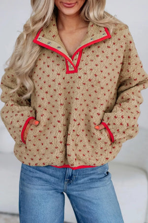 Heart Pattern Fleece Colorblock Collar Sweatshirt in Camel, front view