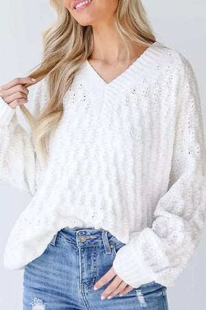 Textured V-neck Long Sleeve Sweater in White, front view