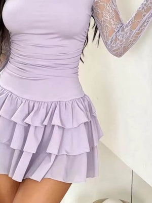 Lace Sleeve Ruffle Layered Mini Dress in Light Blue, fit detail