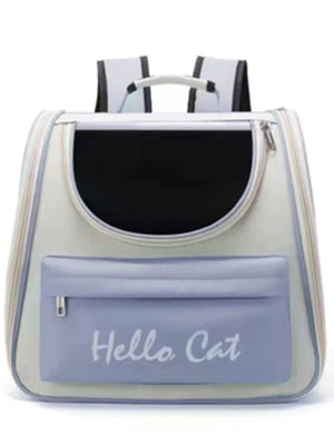Stylish transparent pet carrier backpack in grey with aqua accents and "Hello Cat" text.
