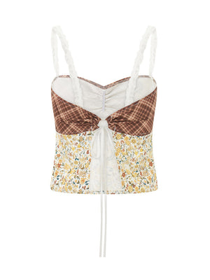 Mixed print corset cami with lace straps and tie front detail