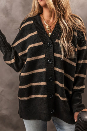 Chunky stripe button-down cardigan in black and beige acrylic with a V-neck.