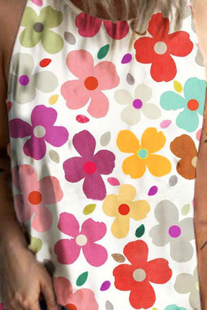 Floral halterneck tank top with a vibrant floral print and keyhole back detail.