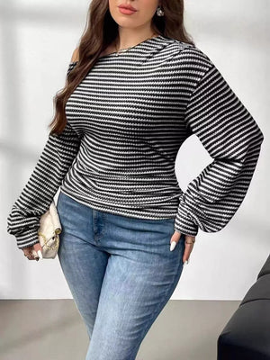 Maternity one-shoulder t-shirt with black and white stripes, long sleeves, and a comfortable fit.