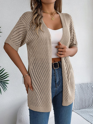 Khaki open-knit slouchy cardigan with short sleeves and a relaxed fit.