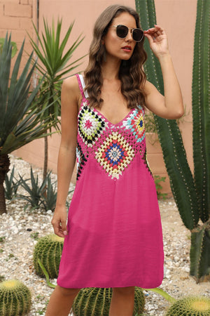 Hot Pink crochet yoke cover-up dress with V-neck and spaghetti straps.