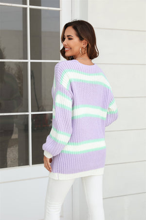 Lavender and mint striped open knit cocoon cardigan with balloon sleeves.