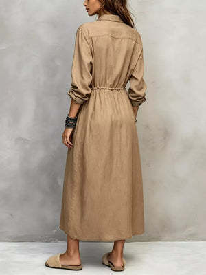 Full Size Button Front Long Sleeve Shirt Dress Plus Size in Apricot, view 11