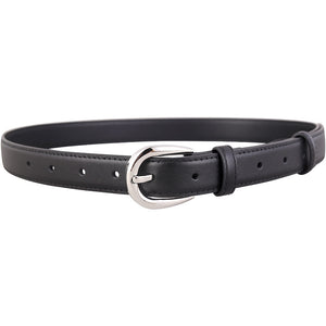 Black skinny leather belt with silver buckle and multiple holes.