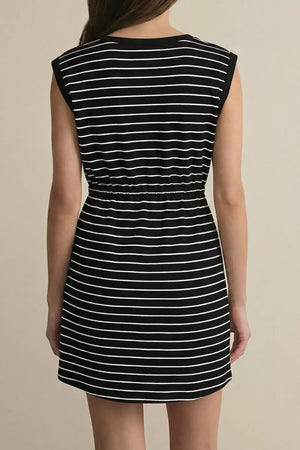 Black and white striped cotton tunic dress with adjustable drawstring waist