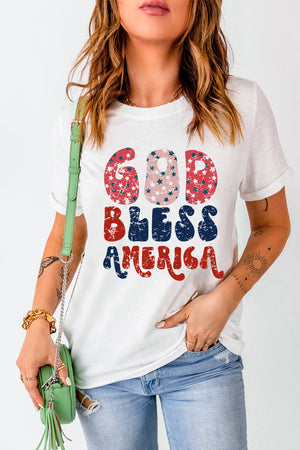 White graphic tee with distressed "God Bless America" text in patriotic colors and star pattern.