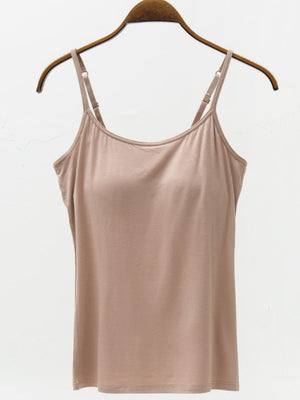 Caramel camisole with built-in support and adjustable straps.