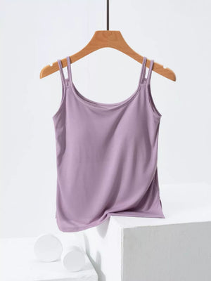Lilac camisole with double straps and a smooth draped fit.