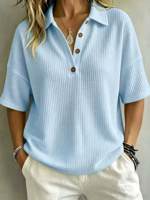 Half Button Waffle Knit Polo Shirt in Peacock Blue, front view