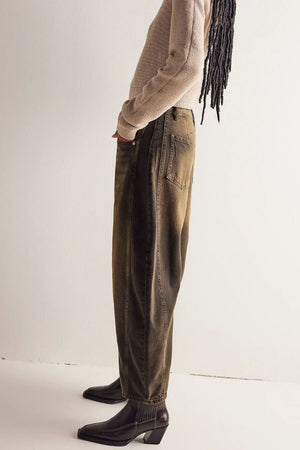 Barrel leg jeans in Olive Brown denim with a relaxed fit and visible stitching details.