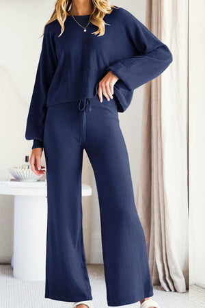 Dark Navy wide-leg lounge set with balloon sleeves and drawstring waist