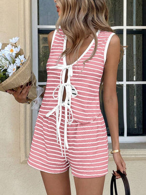 Pink striped knit tie-front top and shorts set with white trim