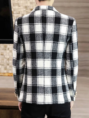 Plus size black and white plaid blazer with button detail