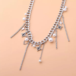 Tassel Star-moon Synthetic Pearl Pendant Choker in Silver, fabric detail