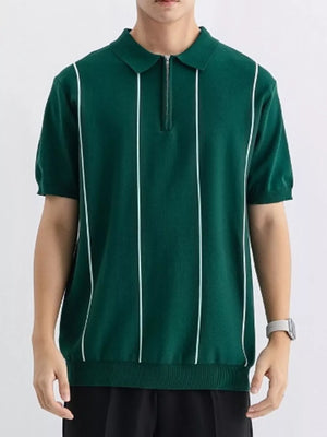 Men's Wood Green knit zip polo with white vertical stripes and ribbed cuffs.