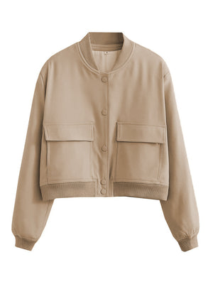 Tan utility bomber jacket with buttoned chest pockets and ribbed trim