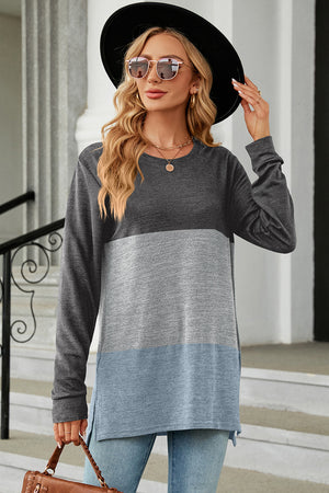 Colorblock long sleeve tee with slit hem in charcoal, light gray, and cloudy blue.