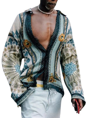 Bohemian print open-front silk shirt with a deep V-neckline and long sleeves.