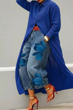 Button Up Long Sleeve Longline Shirt in Royal Blue, alternate angle